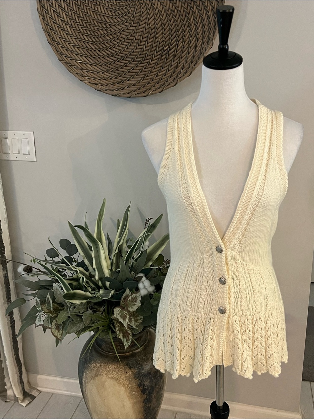 Cream Knit Sleeveless Button-Front Vest with Peplum Hem